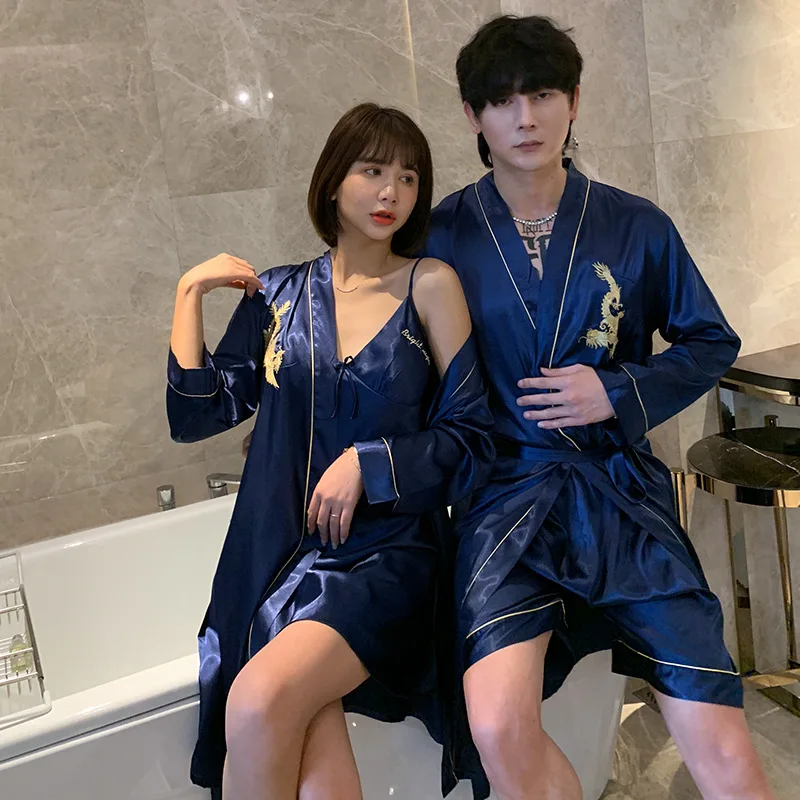 Summer Sexy Satin Silk Robe + Shorts & Robe+Nightdress Pajamas Sets Couple Sleepwear Family Pijama Lover Night Suit