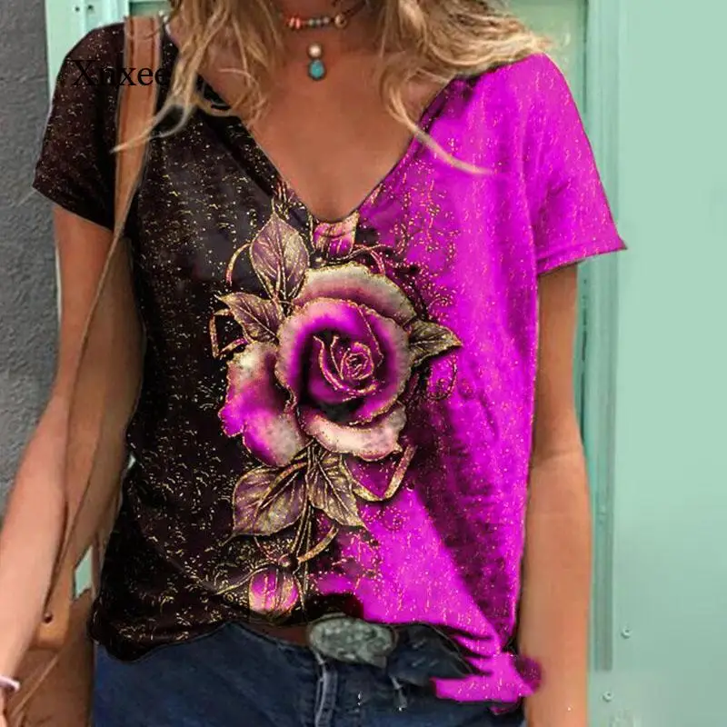 2021 Rose Print T-Shirt Summer Casual V-Neck Multicolor Short-Sleeved Loose Fashion Street Hipster Pullover T-Shirt Female Tops