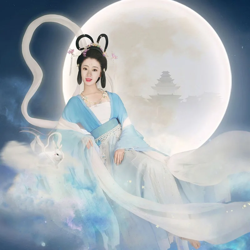 2 Designs Xiao Lan Ming Dynasty Wide Sleeve Robe and Chinese Moon Goddess Wang Yue ChangE Tang Female Fairy Costume Hanfu