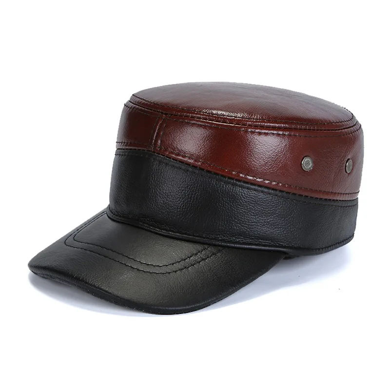 H3520 Men Leather Visor Hat Autumn Winter Warm Earmuffs Cowhide Cap Male High Quality Fashion Breathable Comfortable Visors Hats