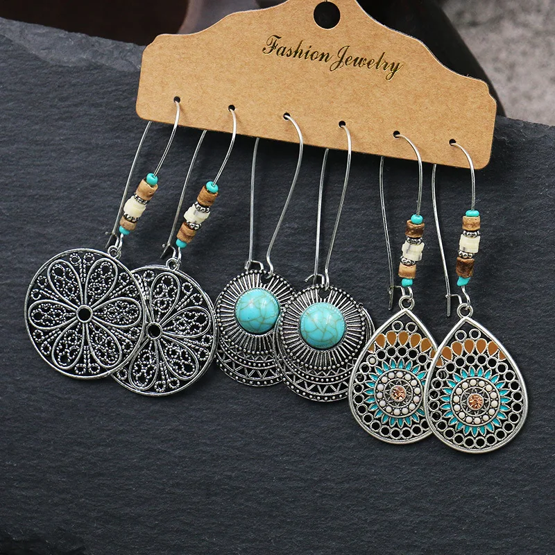 Vintage Decorative Pattern Water Drop shaped Multicolor Earrings Set for Women Geometry Boho Big Round Drop oil Tassel earrings