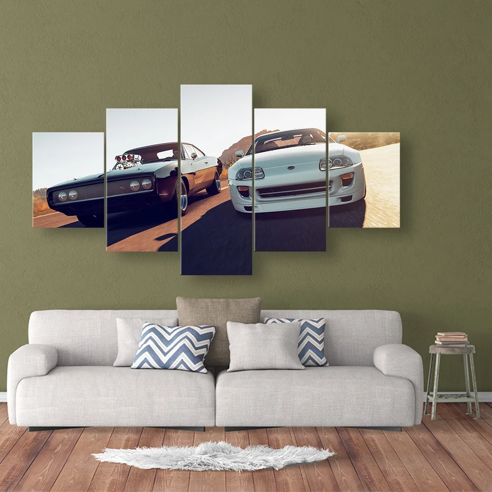 Wall Art Canvas Painting HD Print 5 Pieces Movie Fast Furious Sports Car Racing Car Pictures Bedside Home Decorative Posters