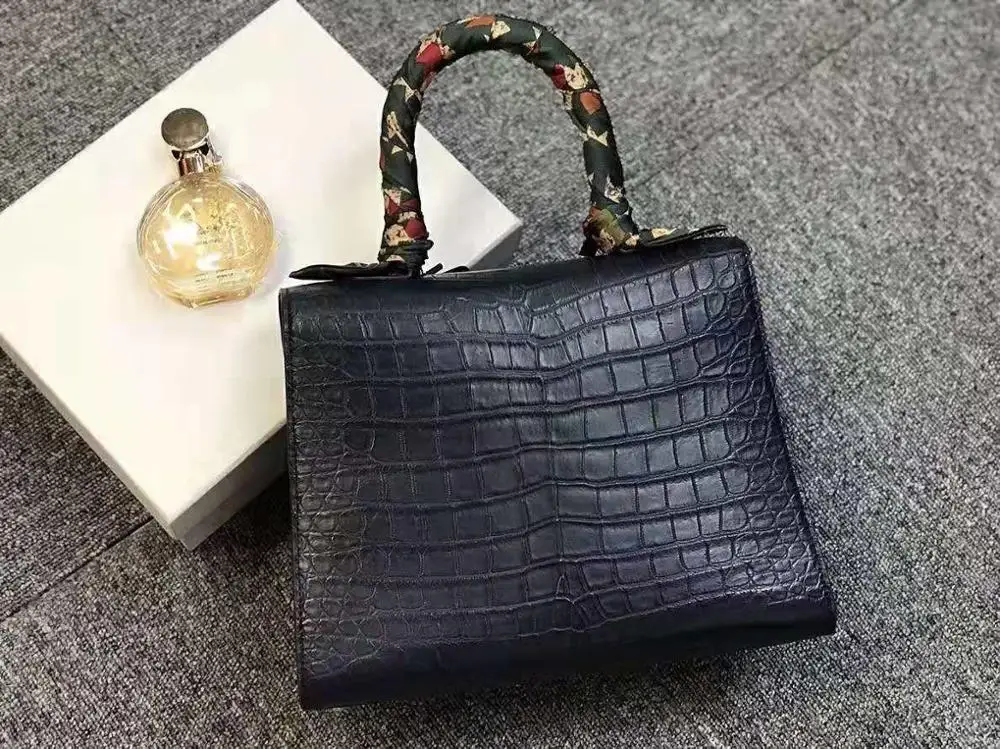 100% Real/Genuine crocodile Skin Women tote Handbag High end fine quality matt black color crocodile belly skin lady bag 28cm