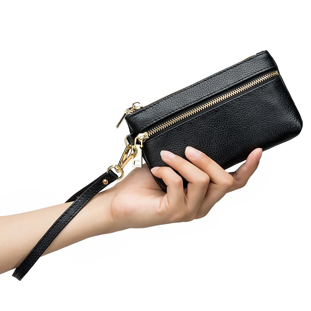 A018 Zipper Style Women Hand Wrist Strap Grip Bag Daily Small Items Trip Wallet Fashion Lady First Layer Cow Leather Coin Purses