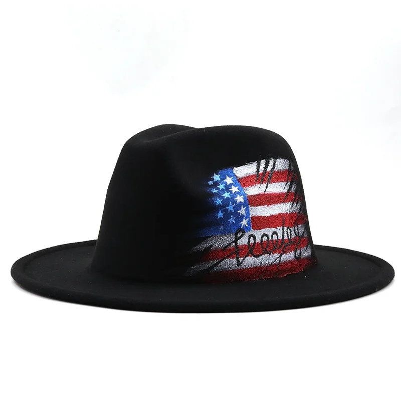 

Painted 2021 Handmade American flag Wool Felt Black Fedora Hat For Women/Men Wide Brim Autumn Winter Panama Jazz Cap