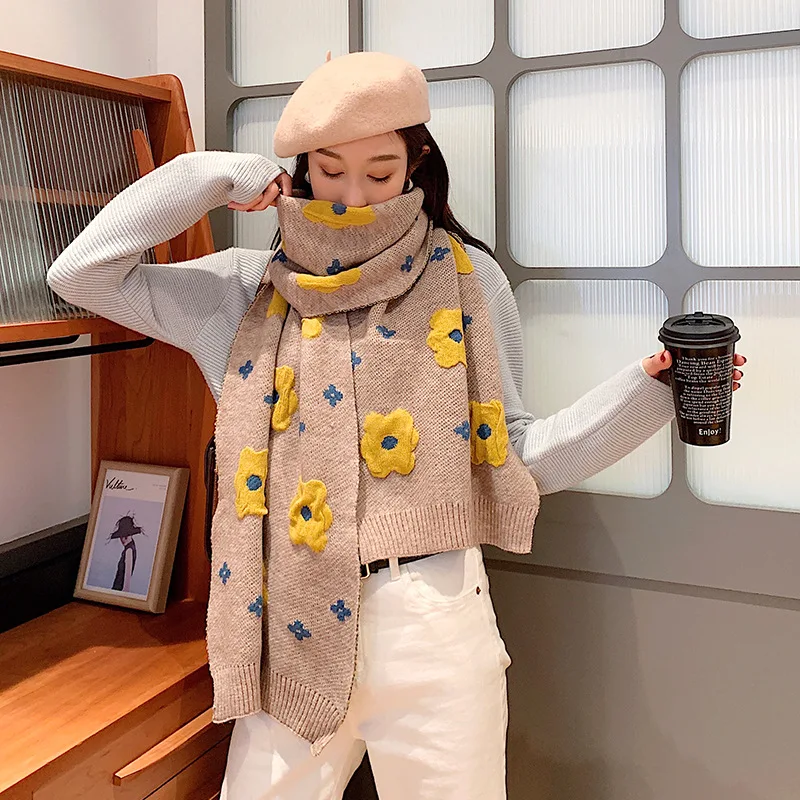 

KOI LEAPING Autumn and winter new warm scarf women fashion wild knitted wool thickened double student bib shawl