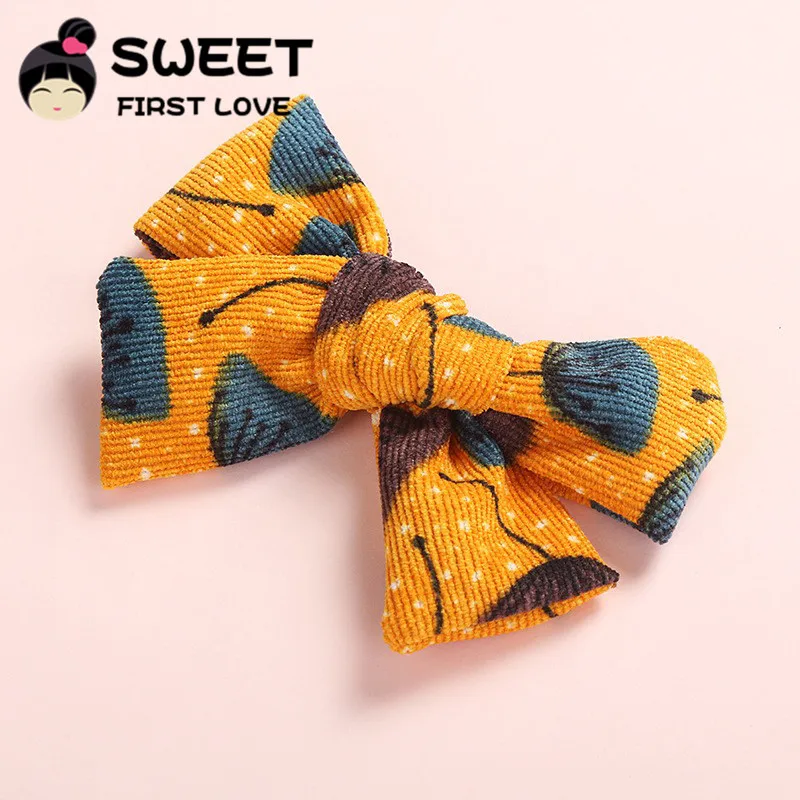 Neue Knoten Bögen Blumen Drucke Haar Clips, Schule Mädchen Entfernen Drucken Hairpints Mit Leopard Drucke, nette Corduory Stirnband Haar Tragen