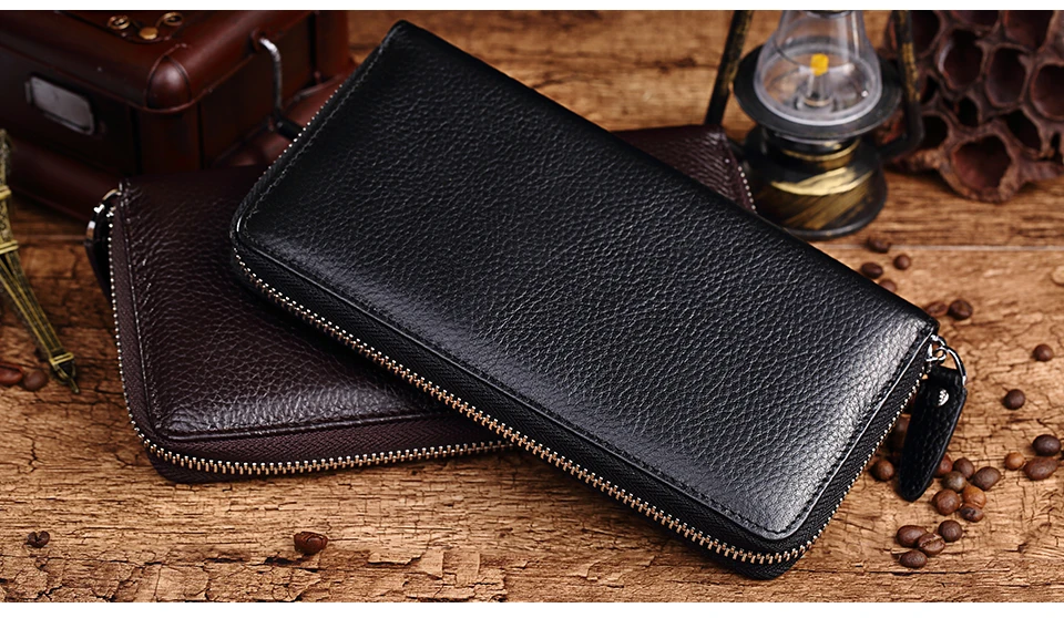 HUMERPAUL Echtes Leder Geldbörse RFID-blockierende Clutch-Tasche, Geldbörse, Kartenhalter, Münzgeldbörse, Reißverschluss, männlich, lang, Schwarz/Kaffee-Geldbörse – Detail 13