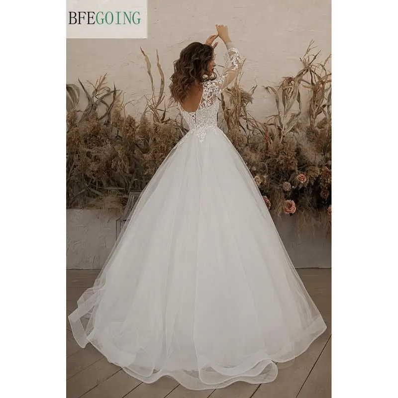 Luxurious Ivory Lace Appliques Tulle Long Sleeves Floor-Length Princess A-Line Wedding Gowns Custom Made Bridal Dresses