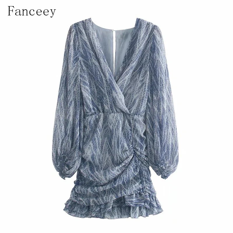 

Fanceey snakeskin print ruffle dress lantern sleeve v neck sexy dresses spring autumn 2020 women vestido de mujer