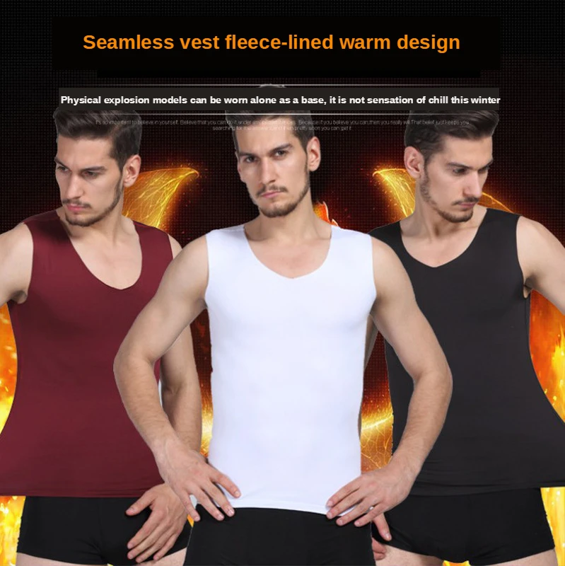 

2pcs Set Mens V-neck Thermal Undershirts Solid Base Men's Warm Seamless Slimming Sleeveless Add Velvet Thickening Inner Shirt