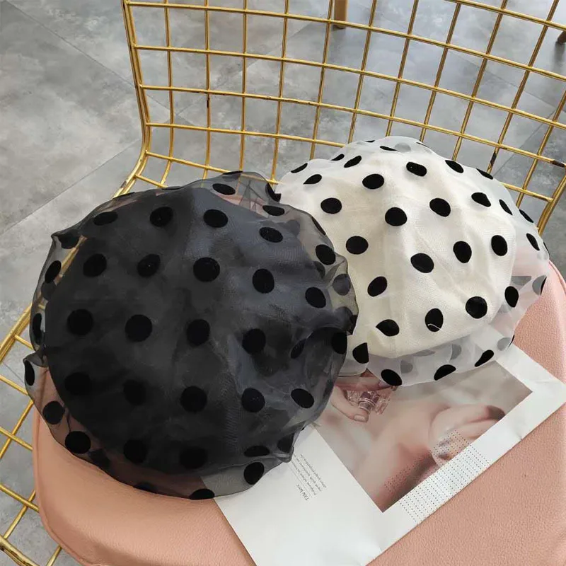 

New Elegant Organza Dot Beret for Women Autumn Summer Gauze Cute Cap French Fashion Mushroom Hat Lolita Caps Women Berets