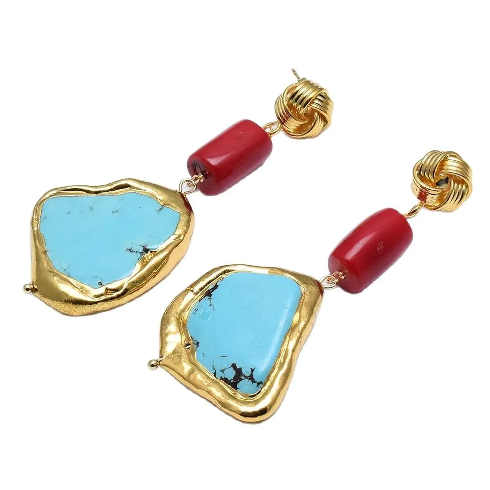 

Ювелирные изделия GuaiGuai, натуральный красный коралл, голубой бирюзовый позолоченный Самородок, бусины, цветок, гвоздики, серьги ручной работы для женщин