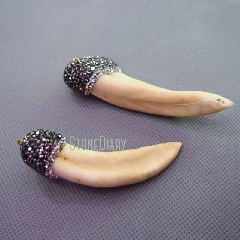 PM404 Natural Horse Tooth Horn Tusk Pendant With Rhinestone Pave Horse Teeth Charms Bohemian Boho Style Accessories