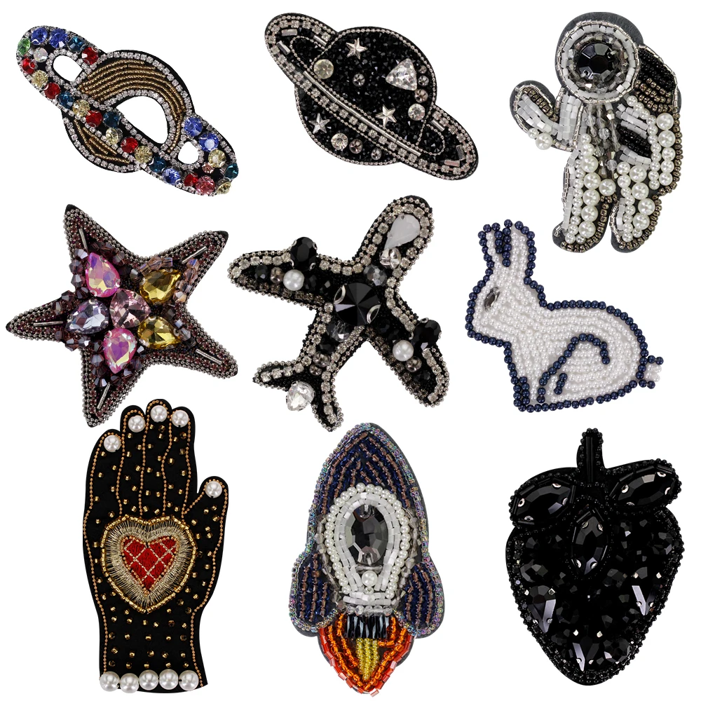 Astronaut Space Rocket Star Earth Rabbit Airplane Patch Clothing Punk Beaded Rhinestones DIY Heart Hand Sewing Applique