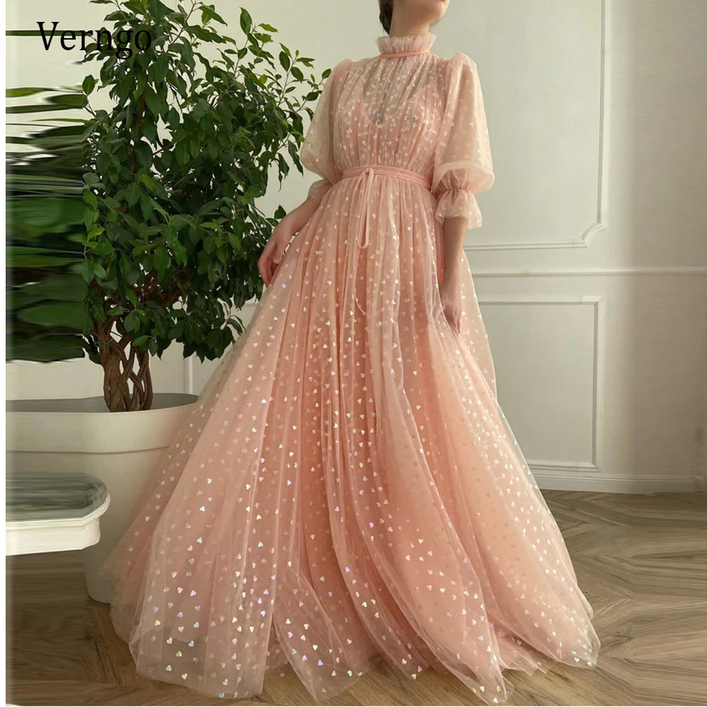 Verngo Blush Pink Hearty Tulle Puff Sleeves Long Evening Dresses High Neck Ruffles Lady Formal Prom Gowns Girls Graduation