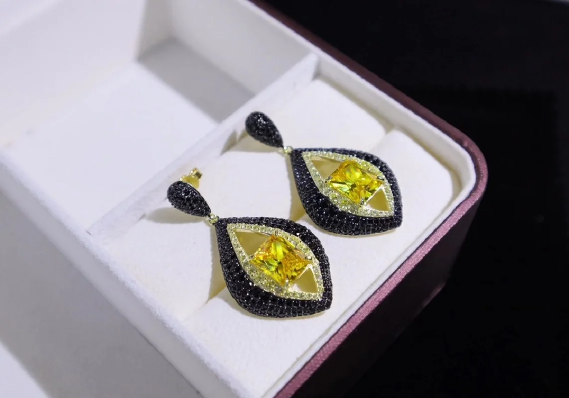 Pirmiana New Fashion Black and Yellow Color Matching Earrings 26x46mm S925 Silver Cubic Zircona Gemstones Jewelry Women