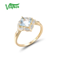 VISTOSO Genuine 14K 585 Yellow Gold Rings For Women Sparkling Square Blue Topaz Diamond Classic Rings Daily Wear Fine Jewelry