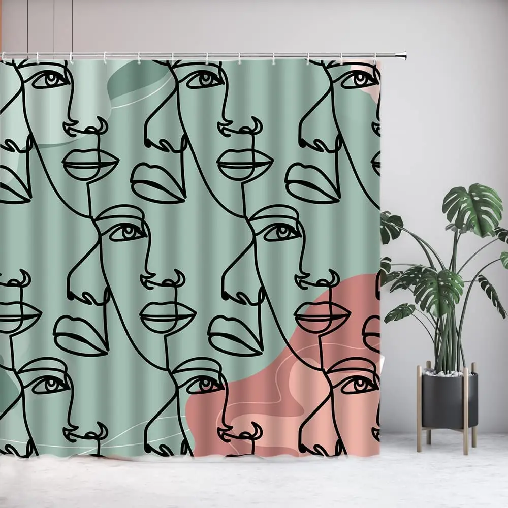 Abstract Portrait Human Face Shower Curtain Modern Minimalist Line Art Texture Lady Girl Polyester Bathroom Curtain With Hook