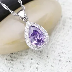Water Drop Pendant Silver 925 Bridal Necklace Purple Cubic Zirconia for Women