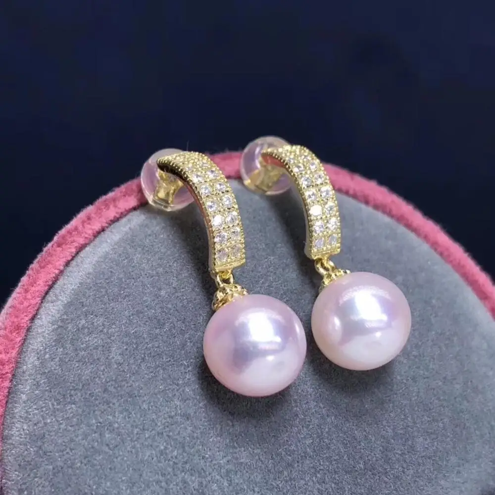 

Pearl Pure 925 Sterling Silver Fine Jewelry Fresh Pink Pearl 8-9mm Round Pearl Dangle Earrings for Women Fine Pearl Earrings