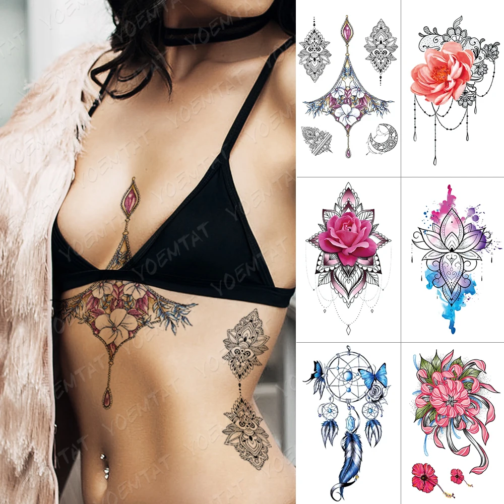 

Waterproof Temporary Tattoo Sticker Rose Lotus Flash Tattoos Love Henna Unicorn Body Art Arm Water Transfer Fake Tatoo Women Men