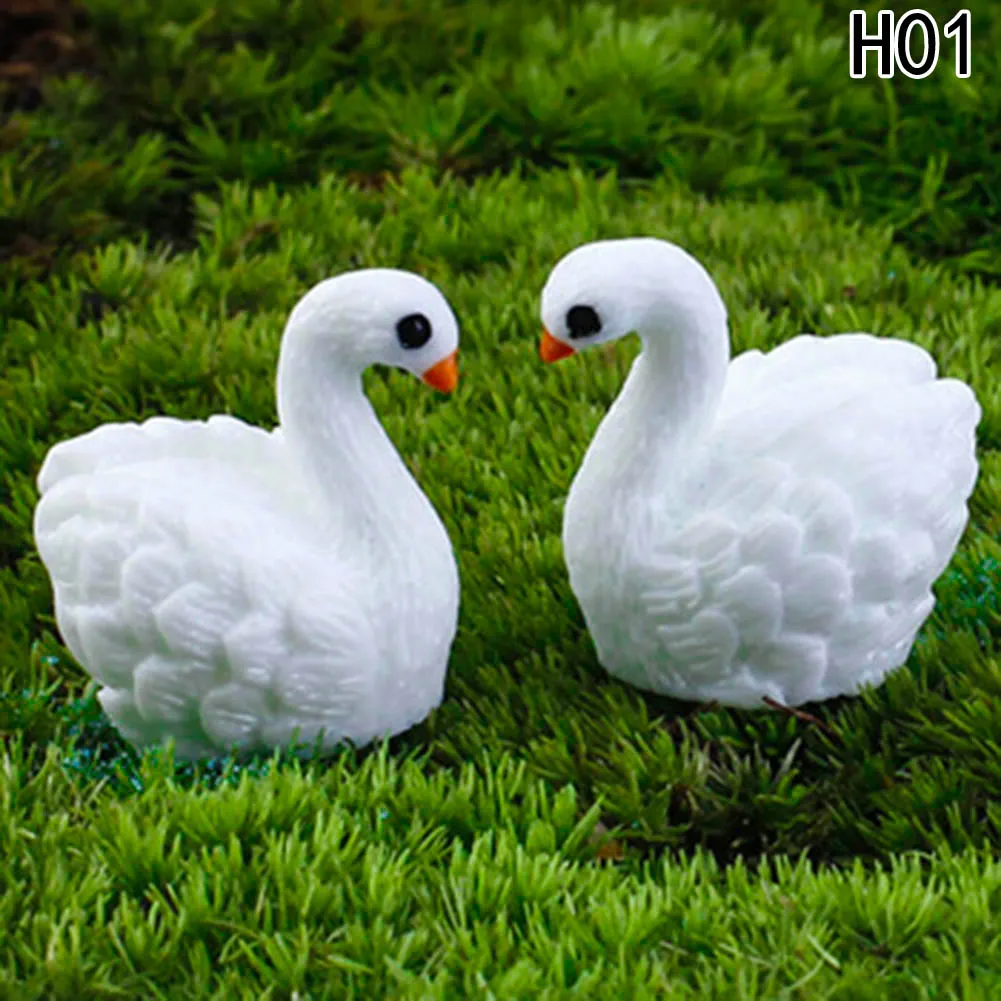 2pc/lot White Swan Figures Decorative Mini Fairy Garden Animals Statue Jardin Miniature Garden Moss Ornaments Resin Craft