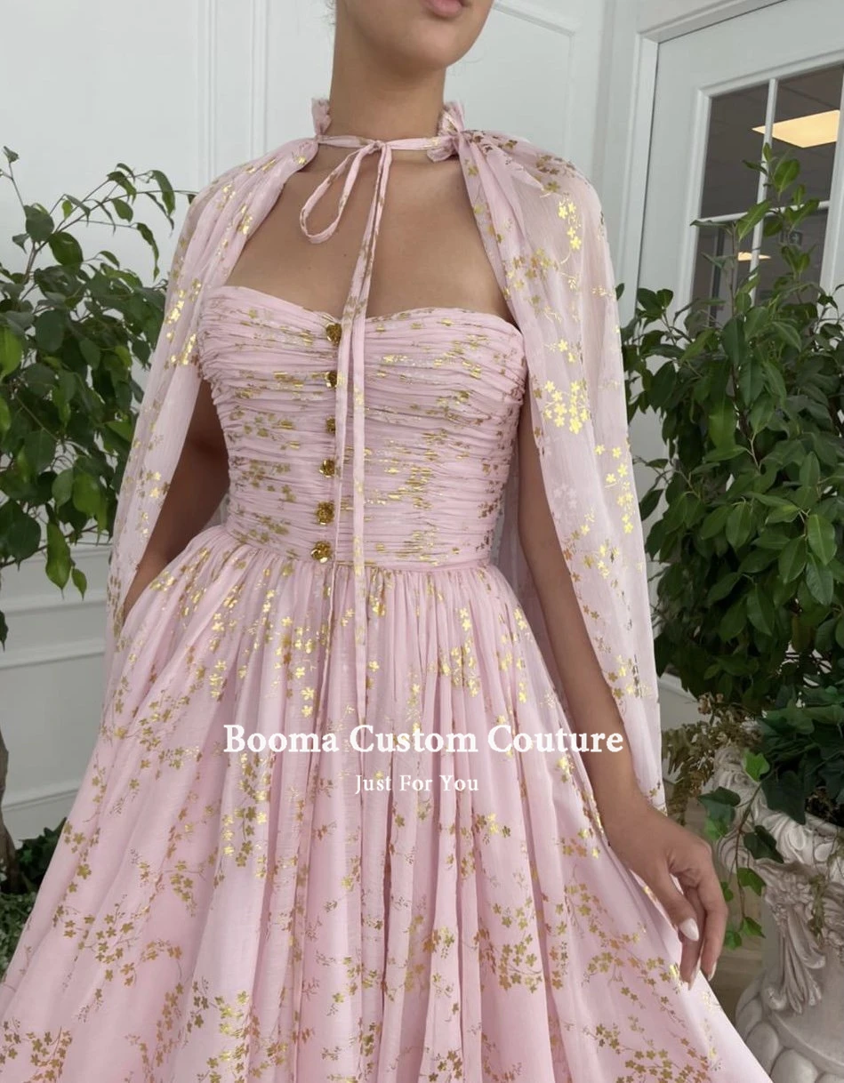 Booma – robe de bal en mousseline rose pour bébé, sans bretelles, avec Cape, froncée, imprimée à fleurs dorées, avec poches, ligne a, robes de soirée formelles, 2021