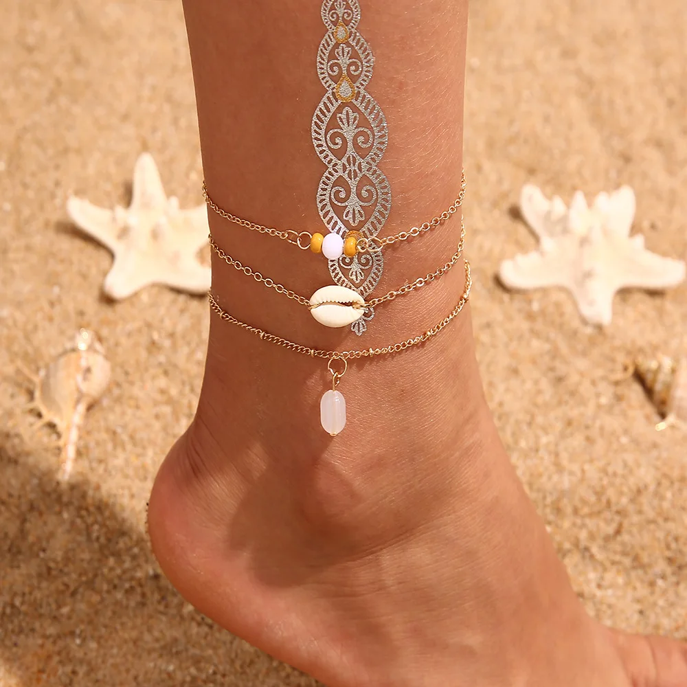 Vintage Shell Ankle Bracelet Set For Women Bohemian Rope Chain Sequin Anklets Summer Beach Girls Barefoot Leg Chain Boho Jewelry
