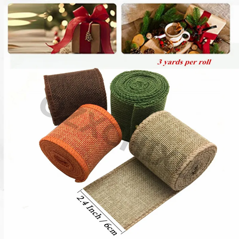 3m/roll 60mm Width Colorful Burlap Wired Ribbon Rolls ,DIY Christmas Material Wedding Party Crafts Decoration YJ289