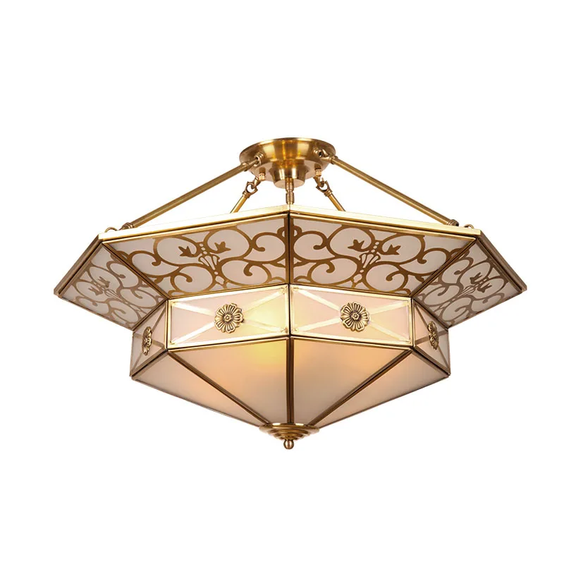 Octagona Copper Ceiling Light Europe Two-tiers Glass Lampshade Living Room Ceiling Light Dining Room Ceiling Lamp