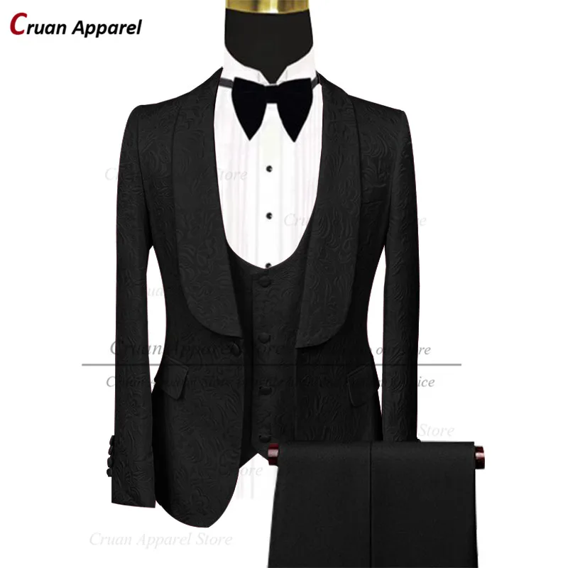 

Latest Elegant Black Jacquard Suit Men Set Slim Fit Wedding Groom Tuxedo Formal Blazer Vest Pants 3Pcs Prom Men Costumes Tuxedo