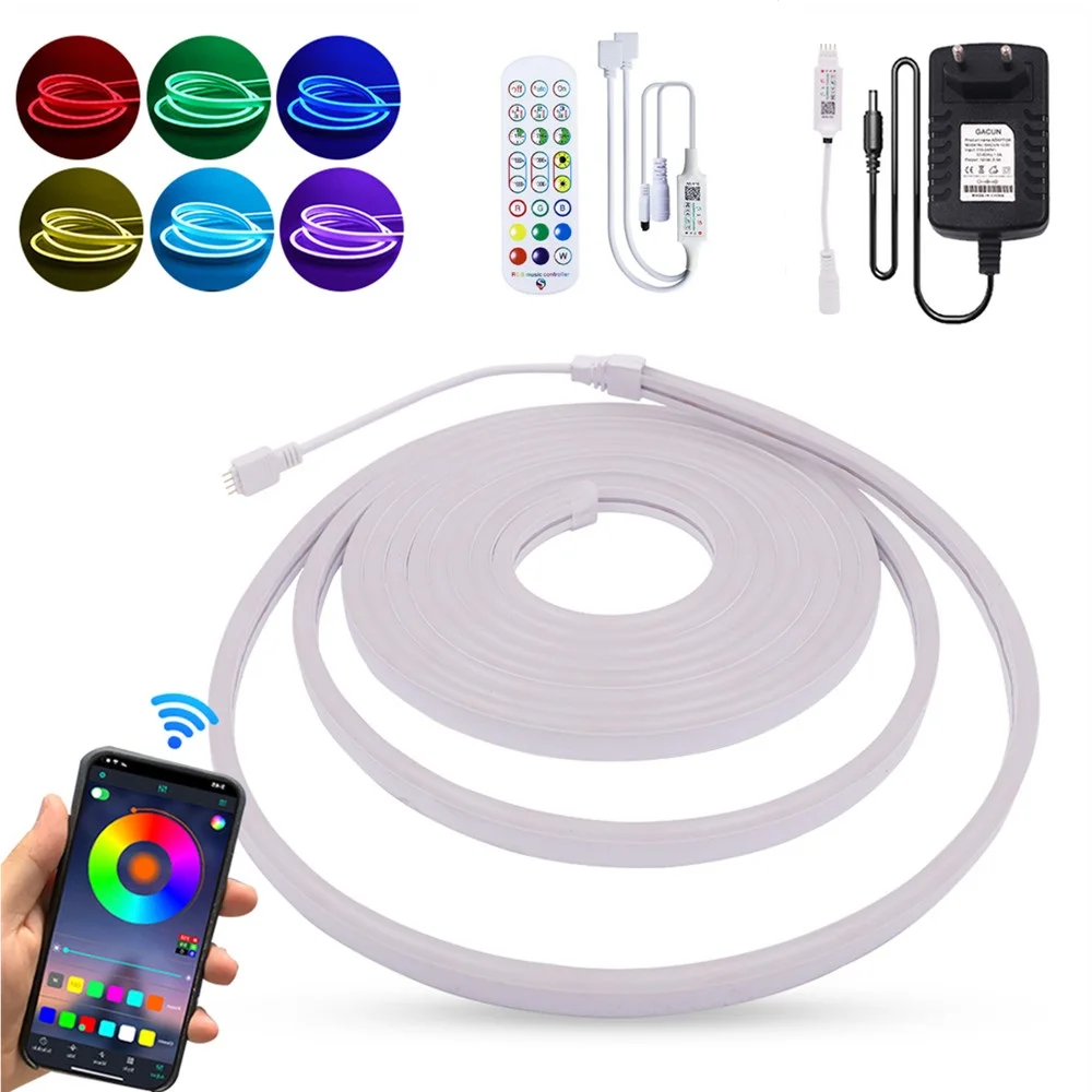 Mini Remote Bluetooth Music Neon LED Strip Light 5M 10M 12V 96Leds/m Waterproof RGB Flexible Tape Ribbon With Phone APP Control