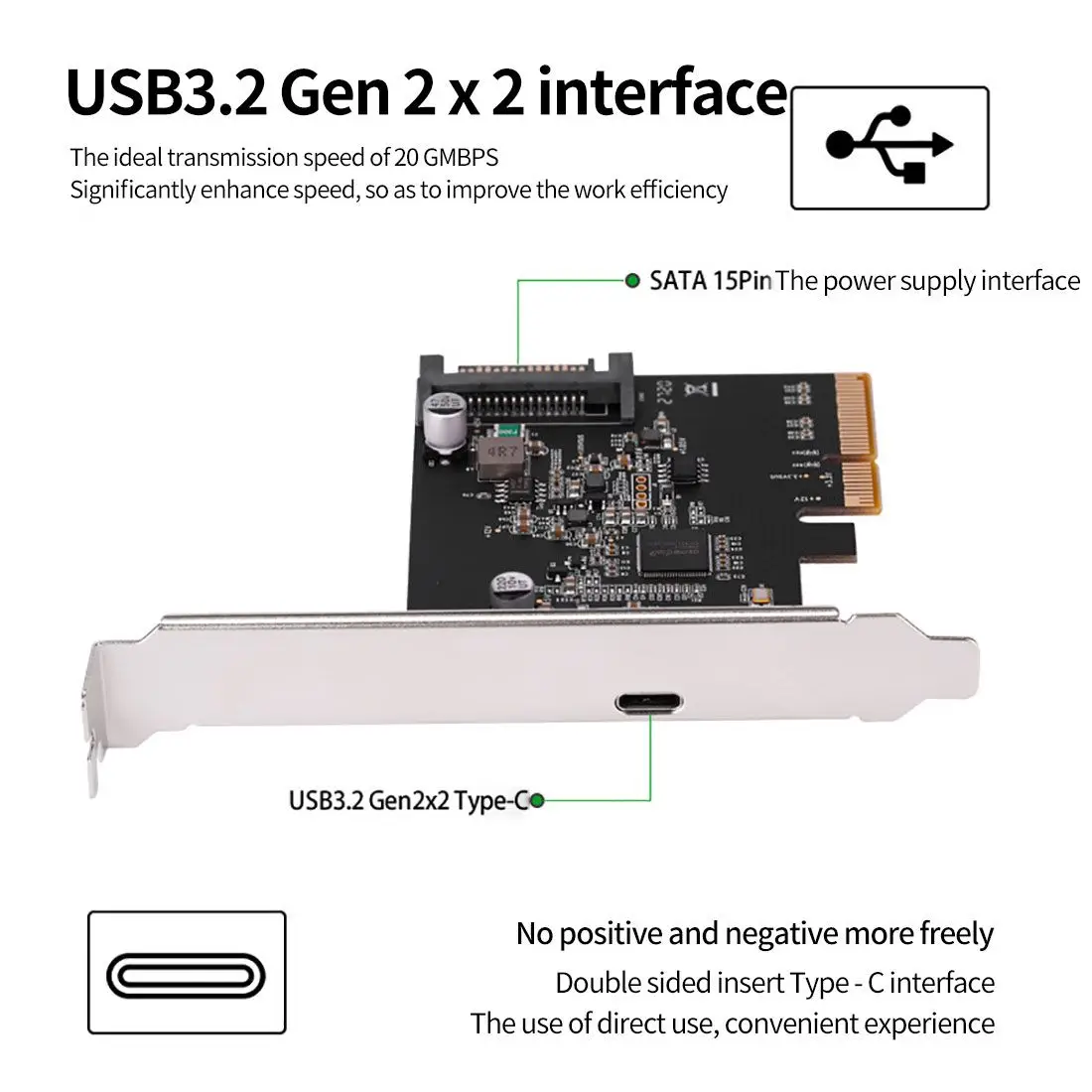 New USB 3.2 PCIE PCI Express Expansion Card  PCI-E 4X to USB3.2 Gen2 x2 Type-c Host Controller Card 20Gbps for Desktop