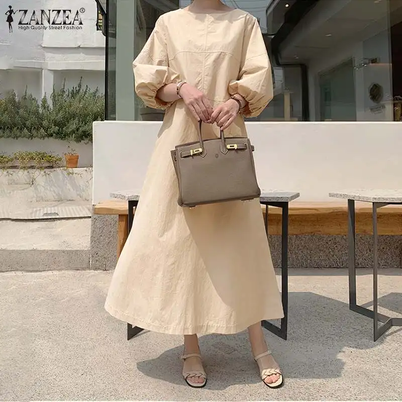 Autumn Casual Solid Sundress ZANZEA Elegant Women\'s Puff Sleeve A-line Dress Female Stylish Party Dresses S- Work OL Vestido7