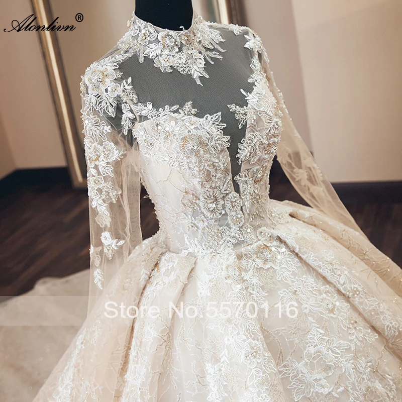 Alonlivn brilhante renda gola alta vestidos de casamento mangas compridas miçangas cristais apliques vestido de baile vestido de noiva personalizar