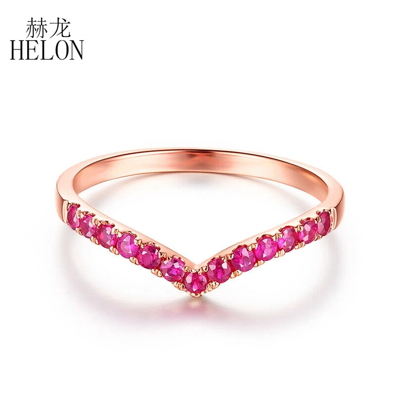 

HELON Gemstone Bands Ring Solid 14K Rose Gold AU 585 Genuine Red Rubies 0.4ct Women Trend Fine Jewelry Wedding Engagement Ring