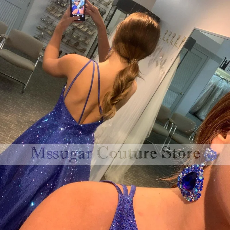 2021 Sparkly Sequin Mermaid Avondjurk Hoge Split Backless Prom Partij Jassen Wear Vestidos De Cóctel Eenvoudige