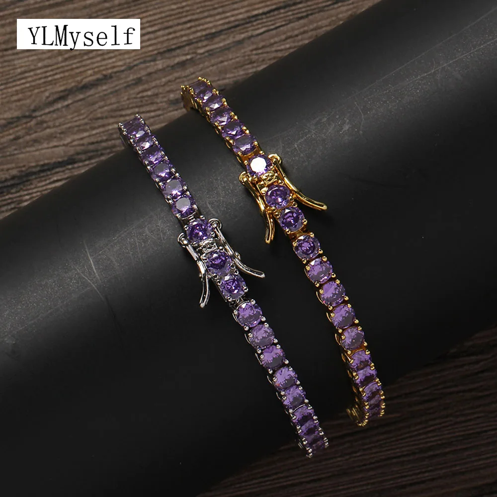 

4mm Brass Hip Hop Rock Wrist Chain Jewelry Purple round Zircon Tennis Bracelet for Men/Women 7/8 Inch Fashion Accessory