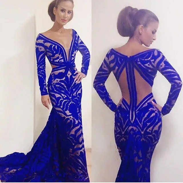 Custom Made Mermaid Royal Blue Formal Evening Dresses V-Neck Long Sleeve Backless Floor-Length Prom Gowns Free Shipping vestido