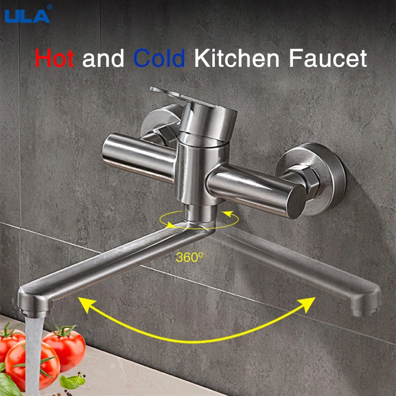 ULA Kitchen Faucets Stainless Steel Wall Mounted Dual Hole Bathroom 360 Rotate Basin Faucet Cold Hot Water Sink Crane Mixer Taps