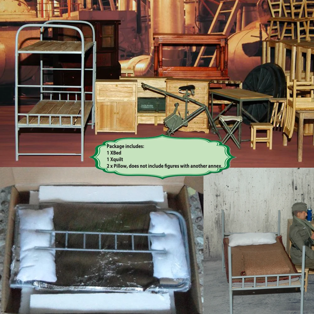 Spielzeugmodell WWII Deutsche Etagenbettmodelle aus Metall und Holz im Maßstab 1:6 mit Steppdecken und Kissen für 12-Zoll-Soldaten-Actionfiguren-Szenenteile
