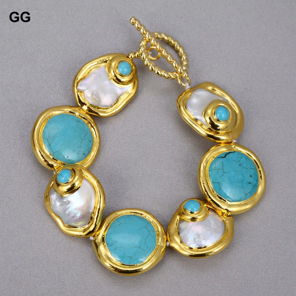 GuaiGuai Jewelry Natural Cultured Baroque Coin Pearl Gold Color Plated Blue Turquoises Necklace Bracelet Earrings Sets For Women