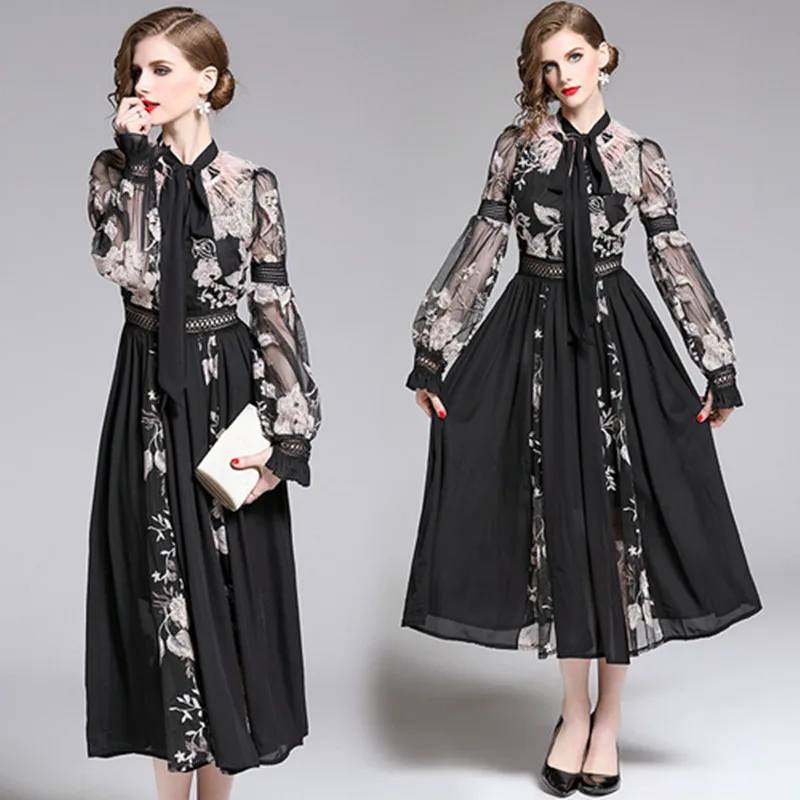 Fashion Designer Runway Women Midi Dress 2024 Fall Female Lantern Sleeve Neckline Bow Ostrich Hair Vintage Embroidery Long Dress