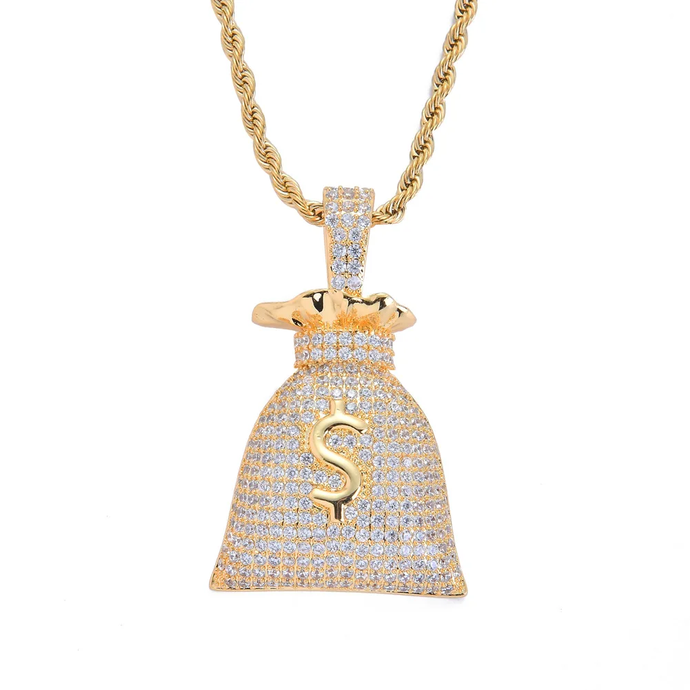 

Men Iced Out $ Money Bag Pendant Necklace Pave AAA+ Cubic Zirconia Brass Gold Silver Color Necklace Hip Hop Jewelry