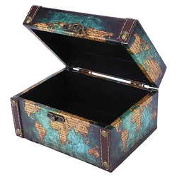 European Vintage Jewelry Storage Box Multipurpose Antique Wooden Pirate World Map Letters Case