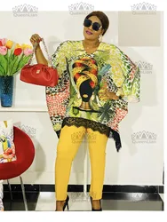 African New Fashion Lace Collar Suit (Dress and Trousers)Bat SLeeve   Oversized  For Lady(KSTZ2#)