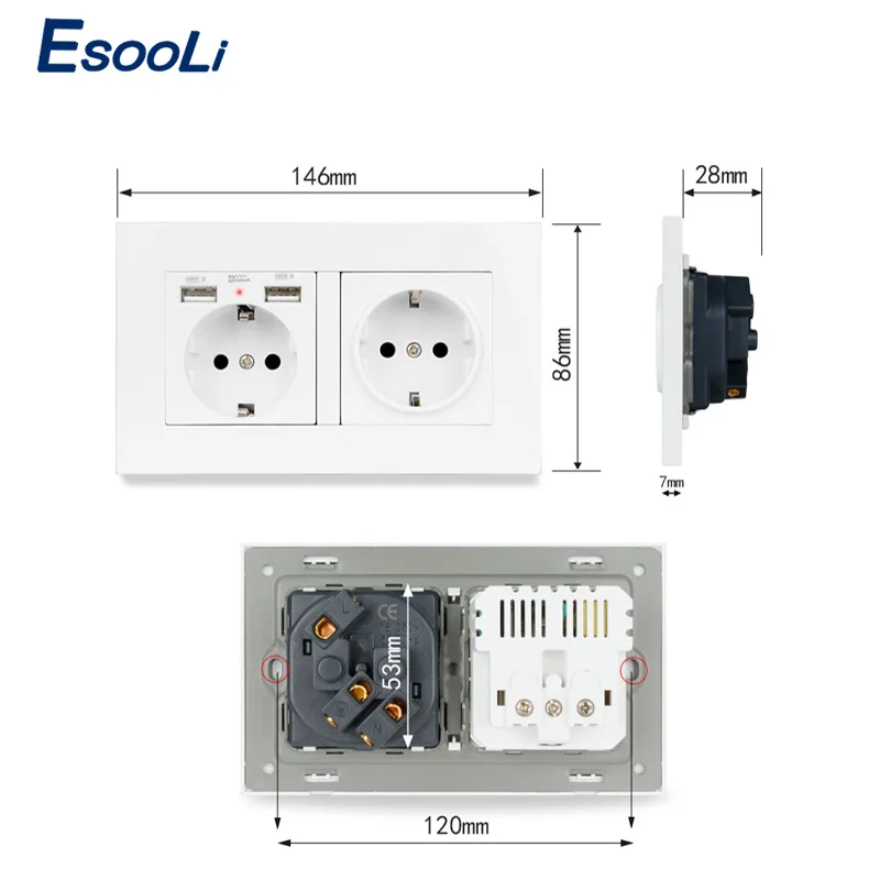 Esooli PC Plastic Panel Wall Socket EU Standard Power Outlet With Dual USB Smart Induction Charge Port For Mobile 5V 2.1A