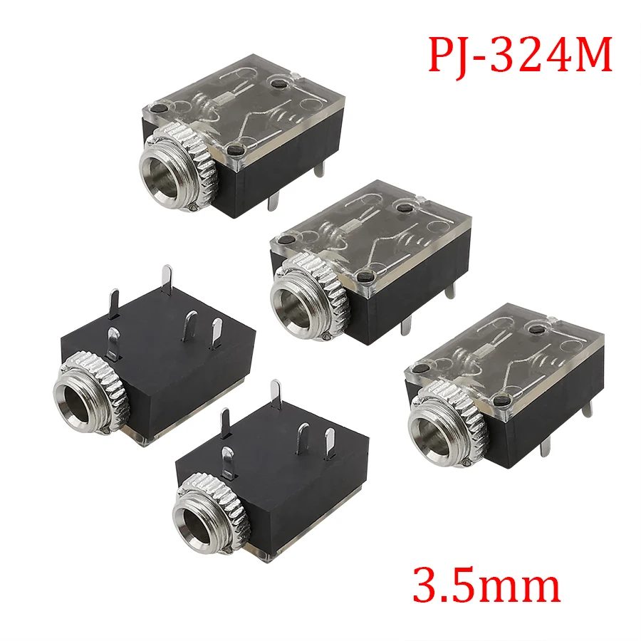 5Pcs Black PJ324M 5Pin 3.5mm Jack Stereo Audio Female PCB Panel Mount Connector With Nut PJ-324M 3.5MM Headphone Socket Adapter