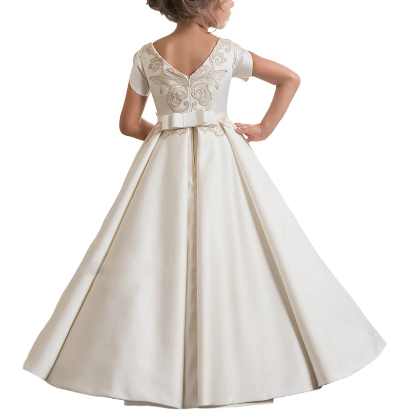 Embroidery Short Sleeves Satin Infant Toddler Long Pageant Gowns Flower Girl Dresses for Weddings Party First Communion Dresses
